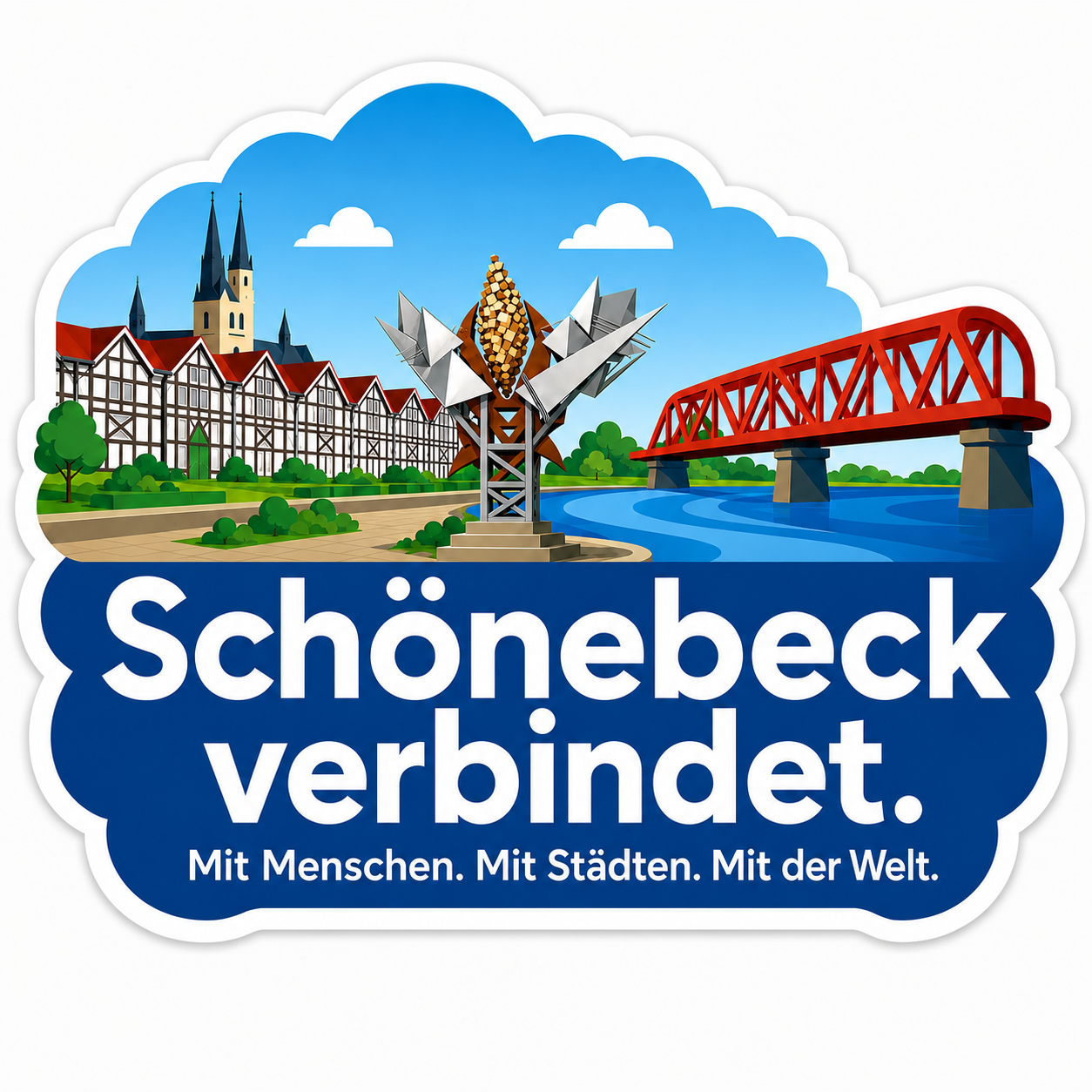 Illustrierte Schönebecker Stadtsilhouette mit dem Slogan Schönebeck verbindet. Mit Menschen. Mit Städten. Mit der Welt.
